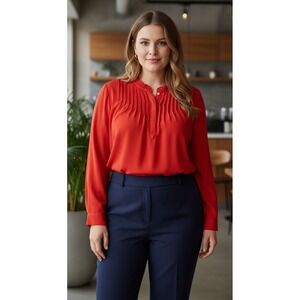 J. Crew High Collar Red Pintucked Chiffon Button Blouse Feminine Womens Size 14